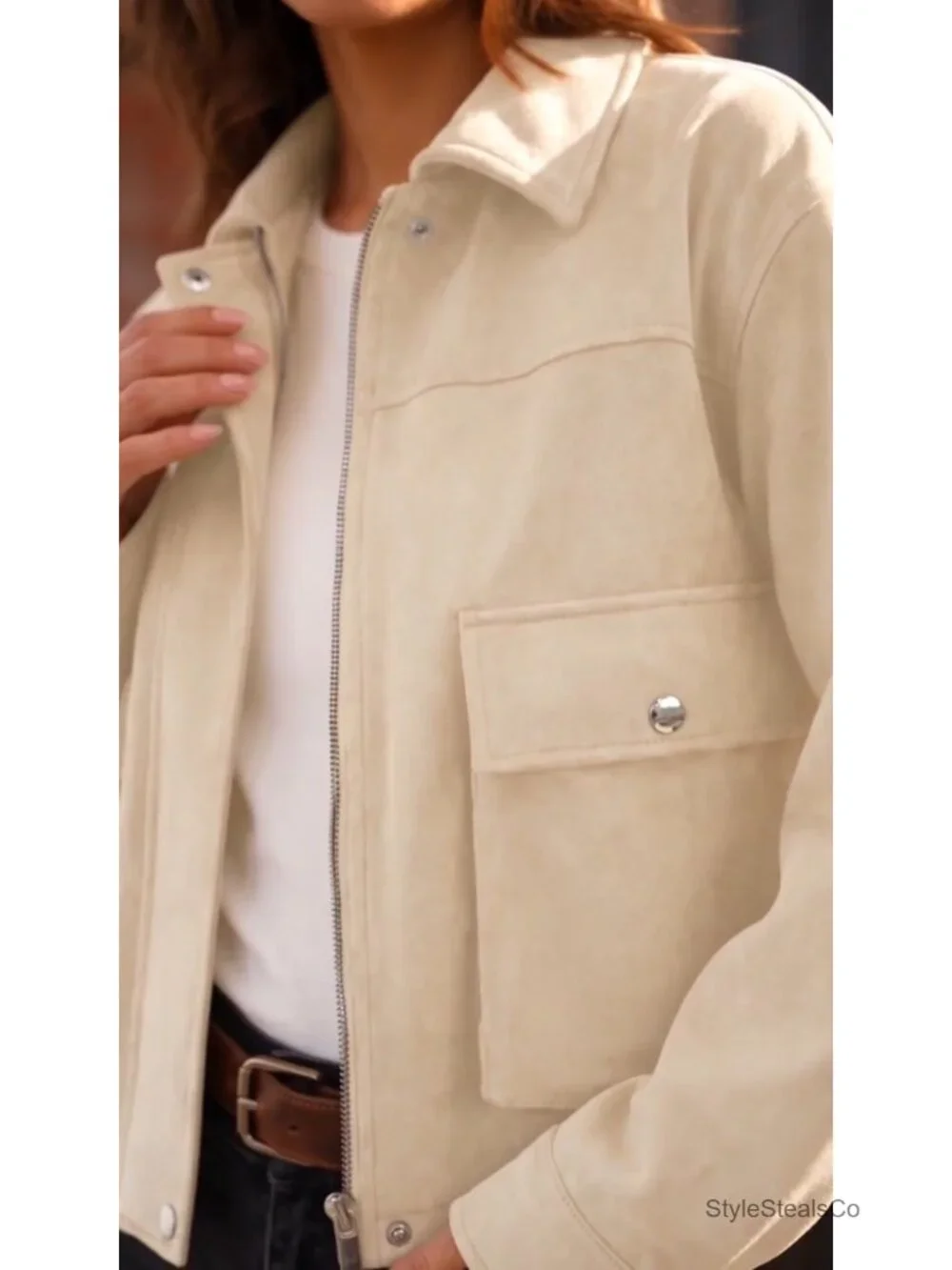 Faux Suede Cropped Bomber Jacket Zip Up Stand Collar Casual Coat